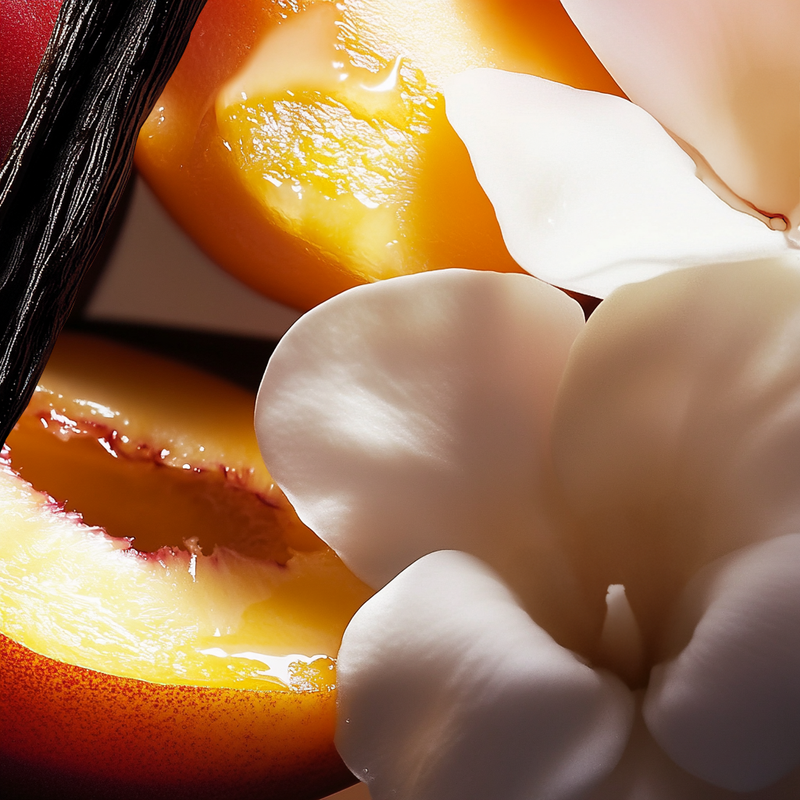 Peach with vanilla bean and white flower blossom