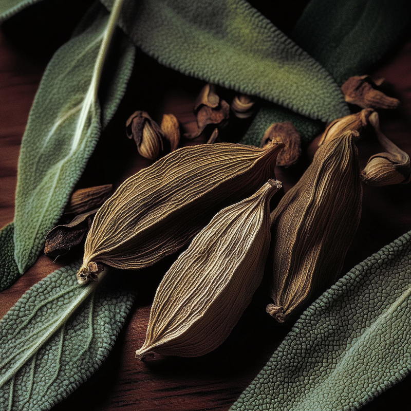 cardamon and sage leaf on wood