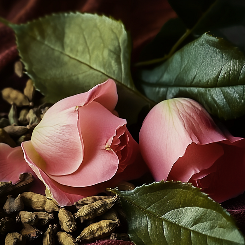 mix of cardamon and rose with leaves