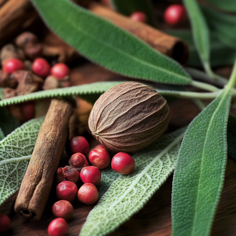 nutmeg and sage with pink pepper and cinamon