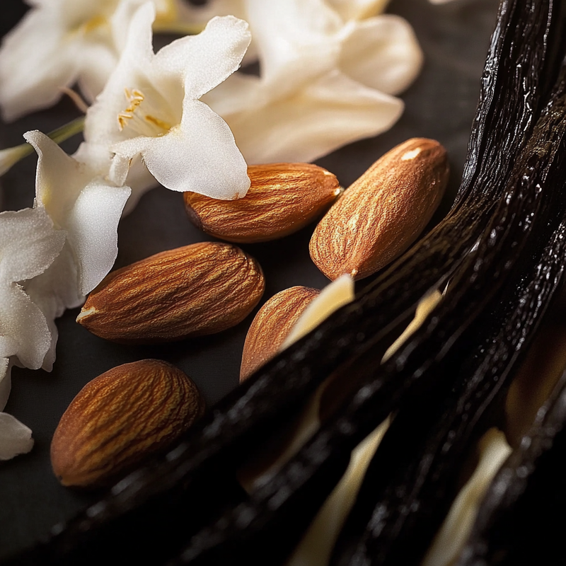 warm style picture with flower next to almond and vanilla bean