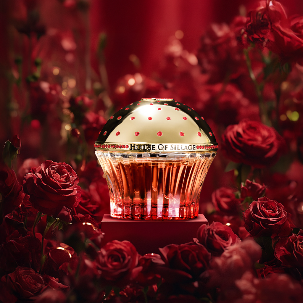Parfume in luxury bottle with crystals and many roses around 