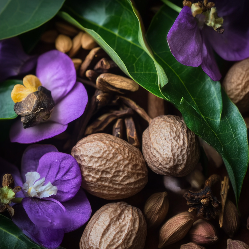 nutmeg with purple flowers  and clove