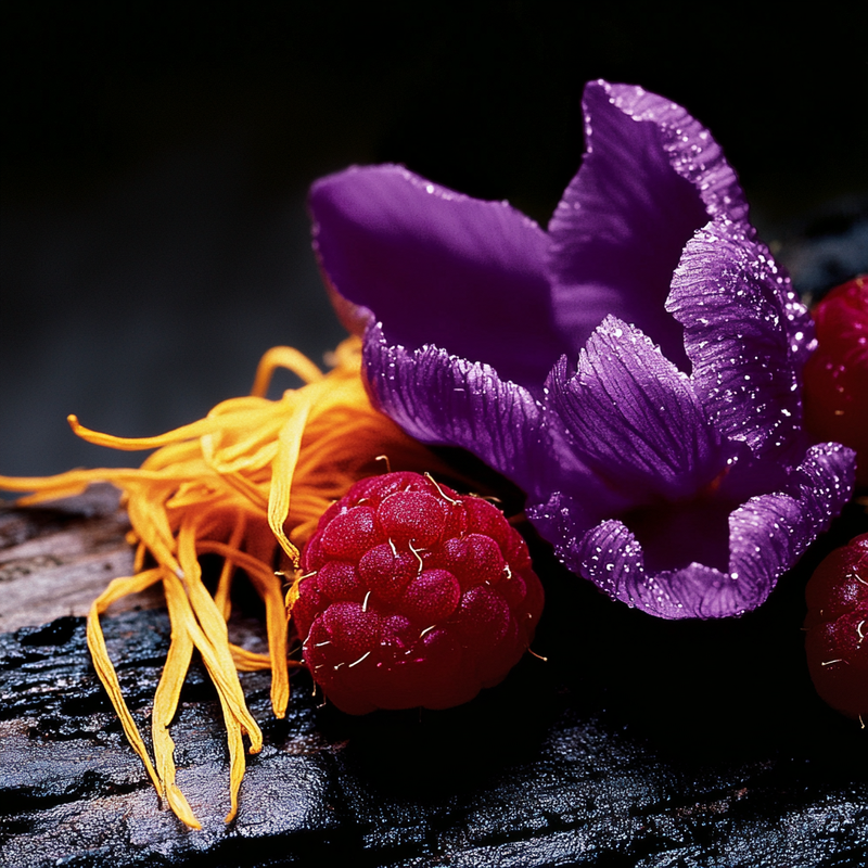 raspberry, burned wood and purple flower