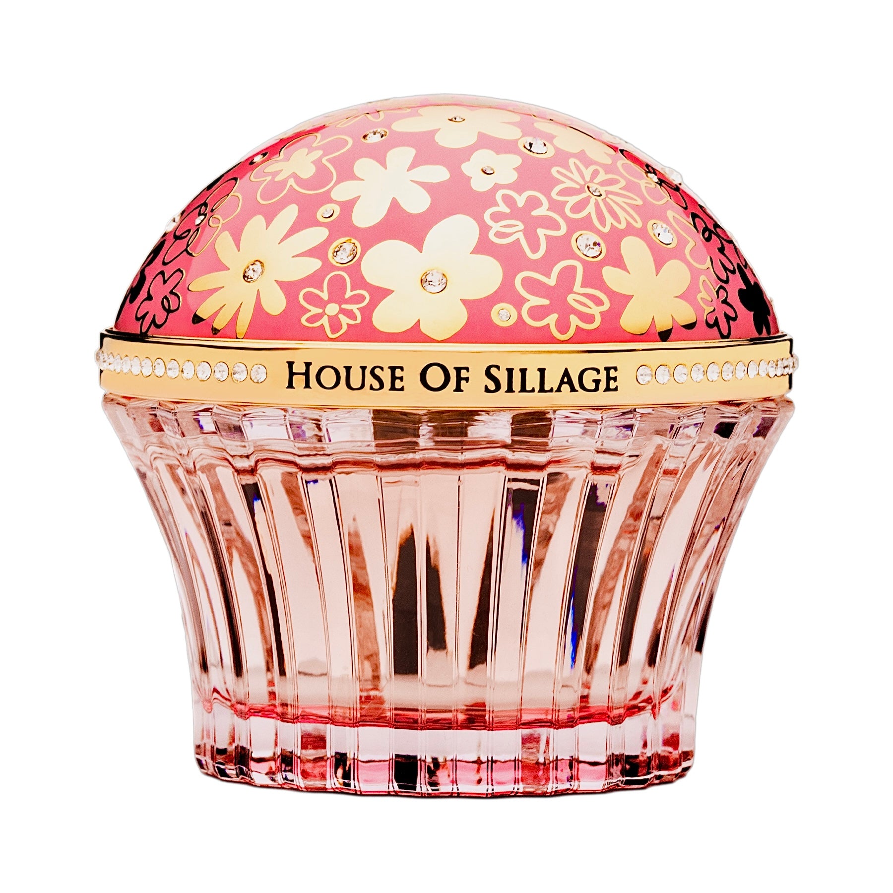 Pink perfume spinning between blossoms of flowers Swarovski crystals and pink cup 